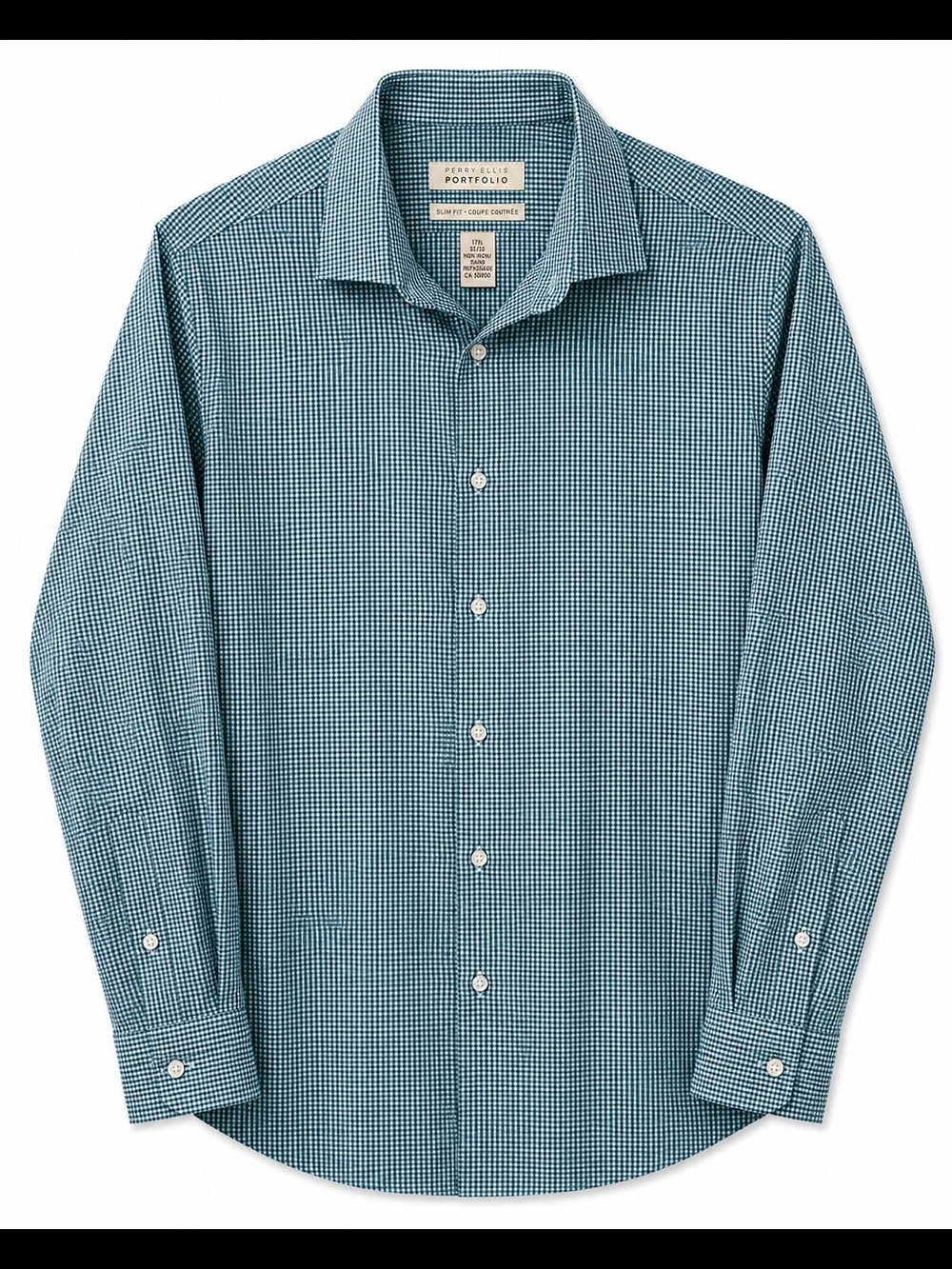Perry Ellis Teal Micro-Check Dress Shirt Slim Fit 17.5 L/G